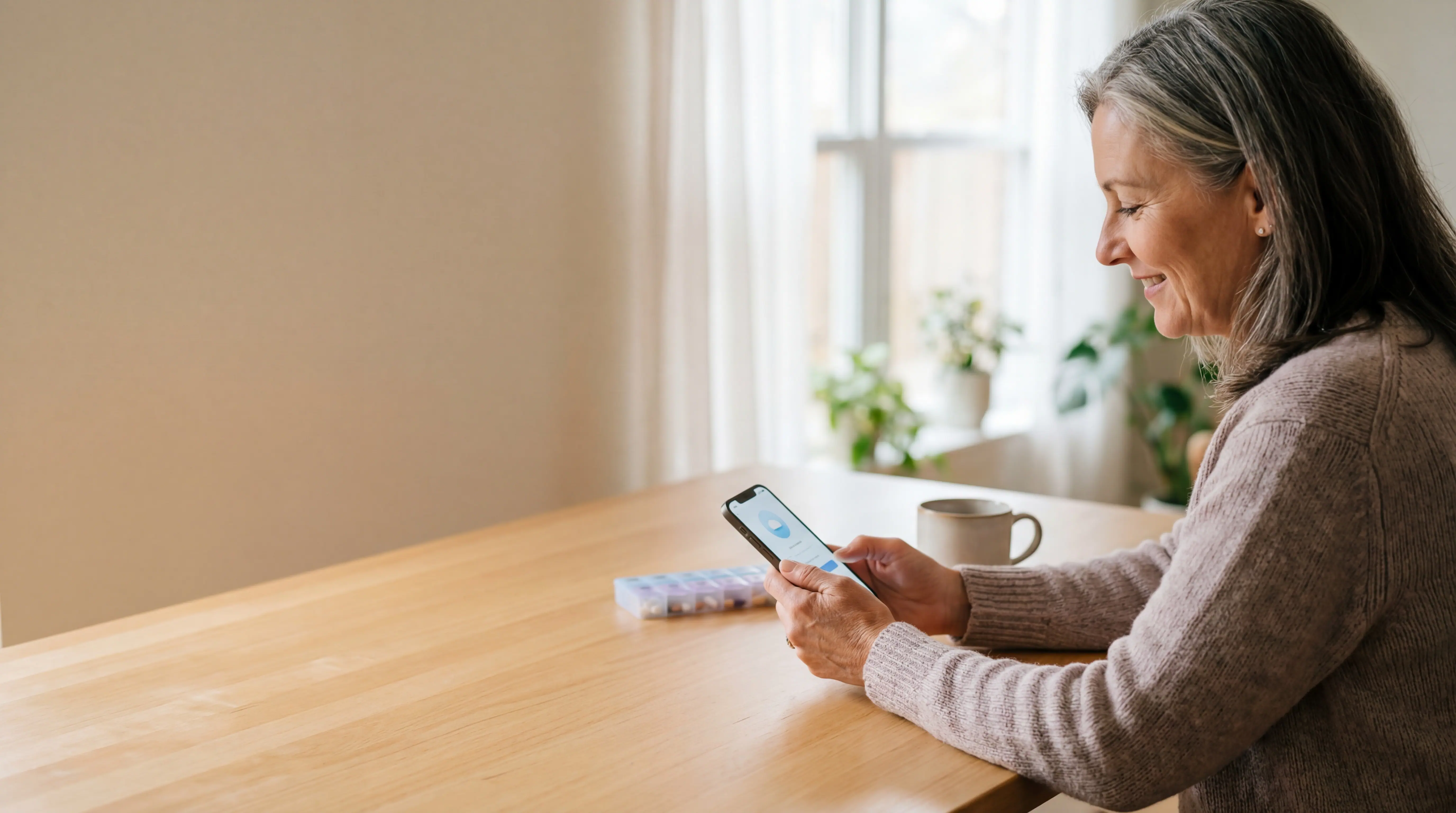 Patient calmly reviewing prescription assistance information on a smartphone at home
